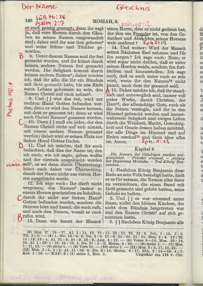 Photograph of a printed page from the Book of Mormon with dense handwritten annotations in the margins identifying structural patterns and key verses.