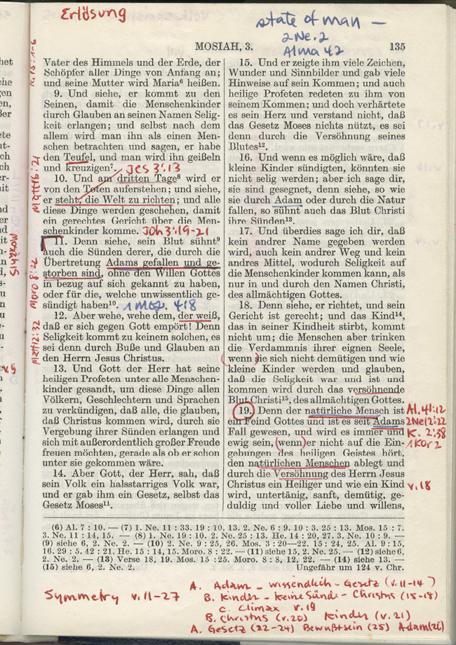 Photograph of a printed page from the Book of Mormon with extensive handwritten marginal notes, underlining, and symbols marking chiastic structure.