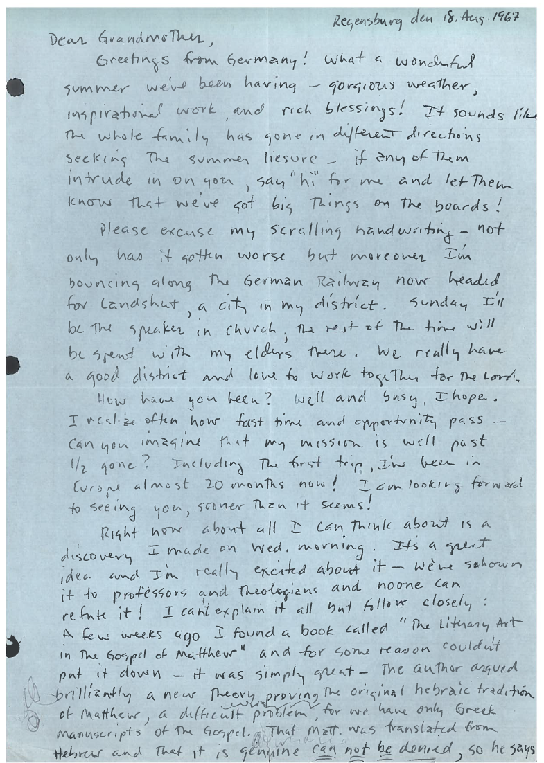 Scanned page of a handwritten letter dated August 18, 1967, written on light blue airmail paper.