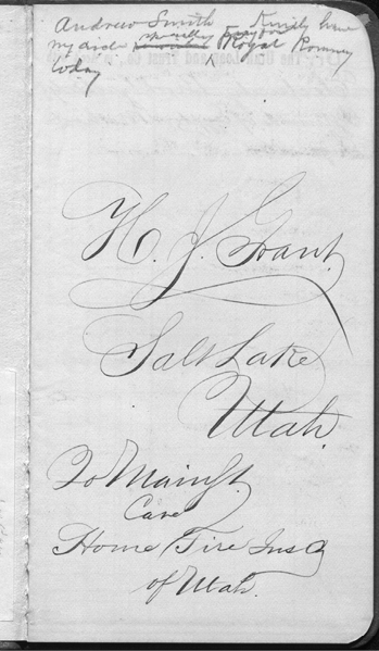Title page of Heber J. Grant’s daybook showing handwritten text reading 'Heber J. Grant, Salt Lake City, Utah, Dominion Council, Home Title of Utah.'