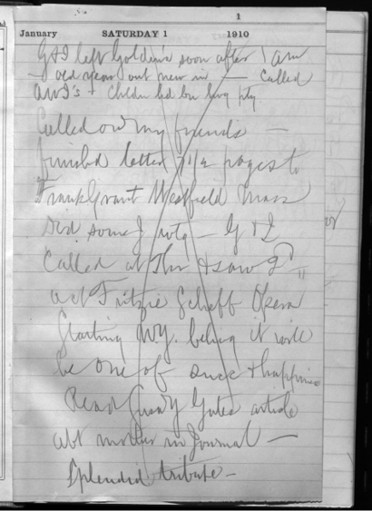 Scanned page of a handwritten journal entry dated January 1, 1910, with cursive writing on lined paper