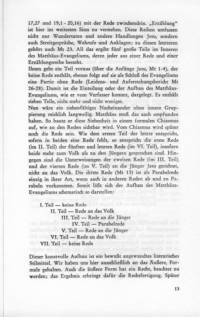 Scanned page of printed German text with paragraph blocks and section headings, illustrating a literary analysis of the Gospel of Matthew.