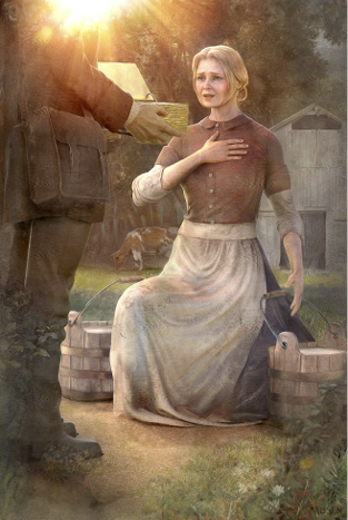 Illustration of Mary Whitmer seated outdoors near a shed as a radiant messenger presents metal plates to her, depicting her witness of the plates