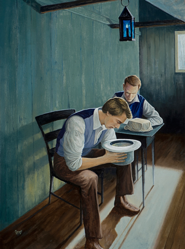 Painting of a man seated at a table, leaning forward to look into a hat held in his lap while another man sits behind him writing. The scene takes place in a simple interior room and depicts the process of translating using a seer stone.