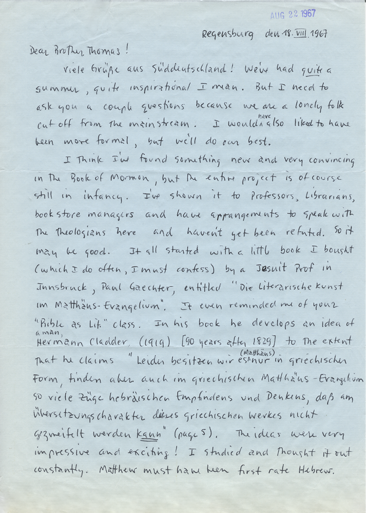 Scanned page of a handwritten letter dated August 1967, written in cursive on light-colored paper, with a visible heading and dense paragraphs of text, labeled page 1.