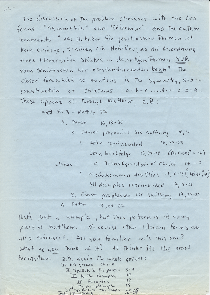 Scanned page of a handwritten letter page labeled page 2, showing notes and outlines describing chiastic structures in the Gospel of Matthew.