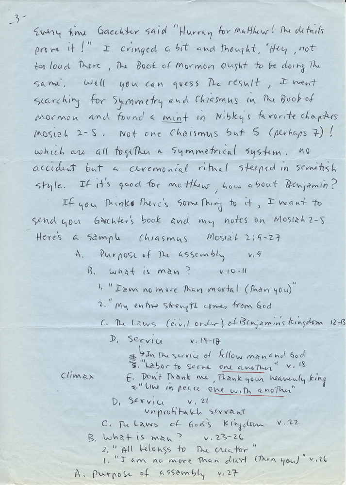Scanned handwritten page labeled page 3, outlining a chiastic structure in Mosiah 2:9–27 with indented sections and a marked climax.