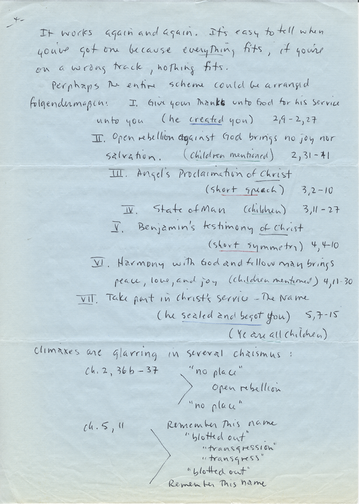 Scanned handwritten page labeled page 4, listing seven parts of Benjamin’s speech with brief explanatory notes and structural divisions.