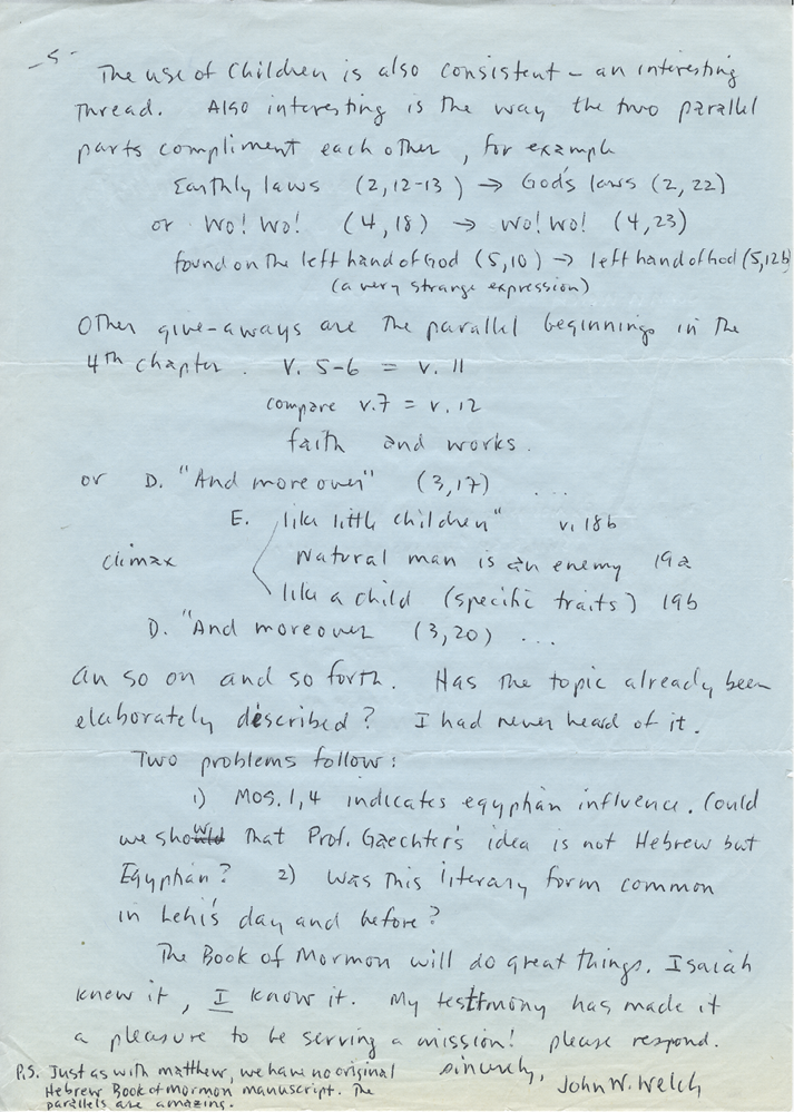 Scanned handwritten page labeled page 5, containing notes on parallel structures, climaxes, and repeated phrases in Benjamin’s discourse.