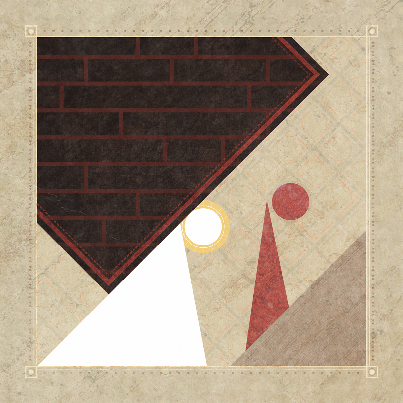 Abstract geometric artwork with arrow and circle shapes on textured background