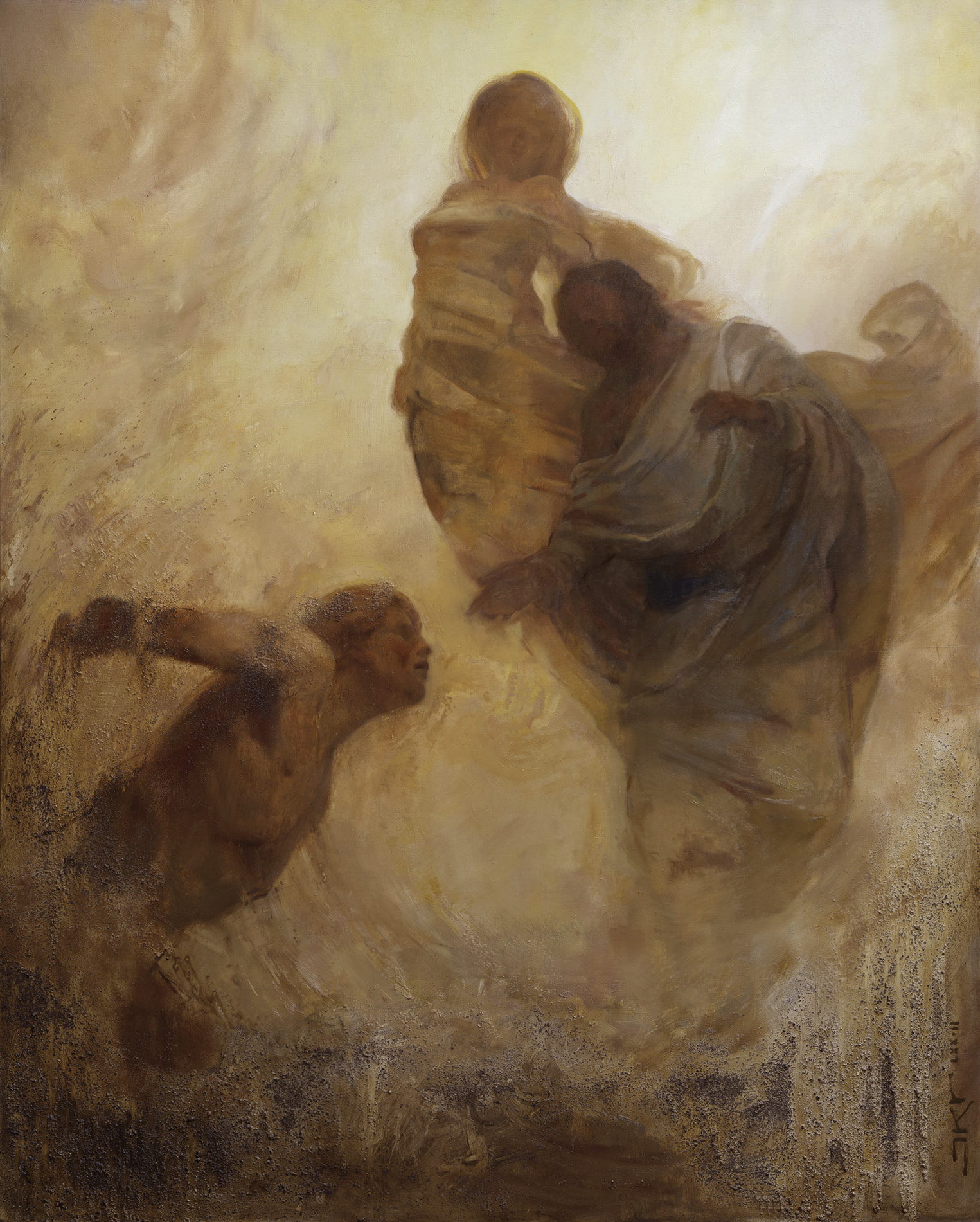 Painting of God raising Adam from dust in a glowing, abstract scene
