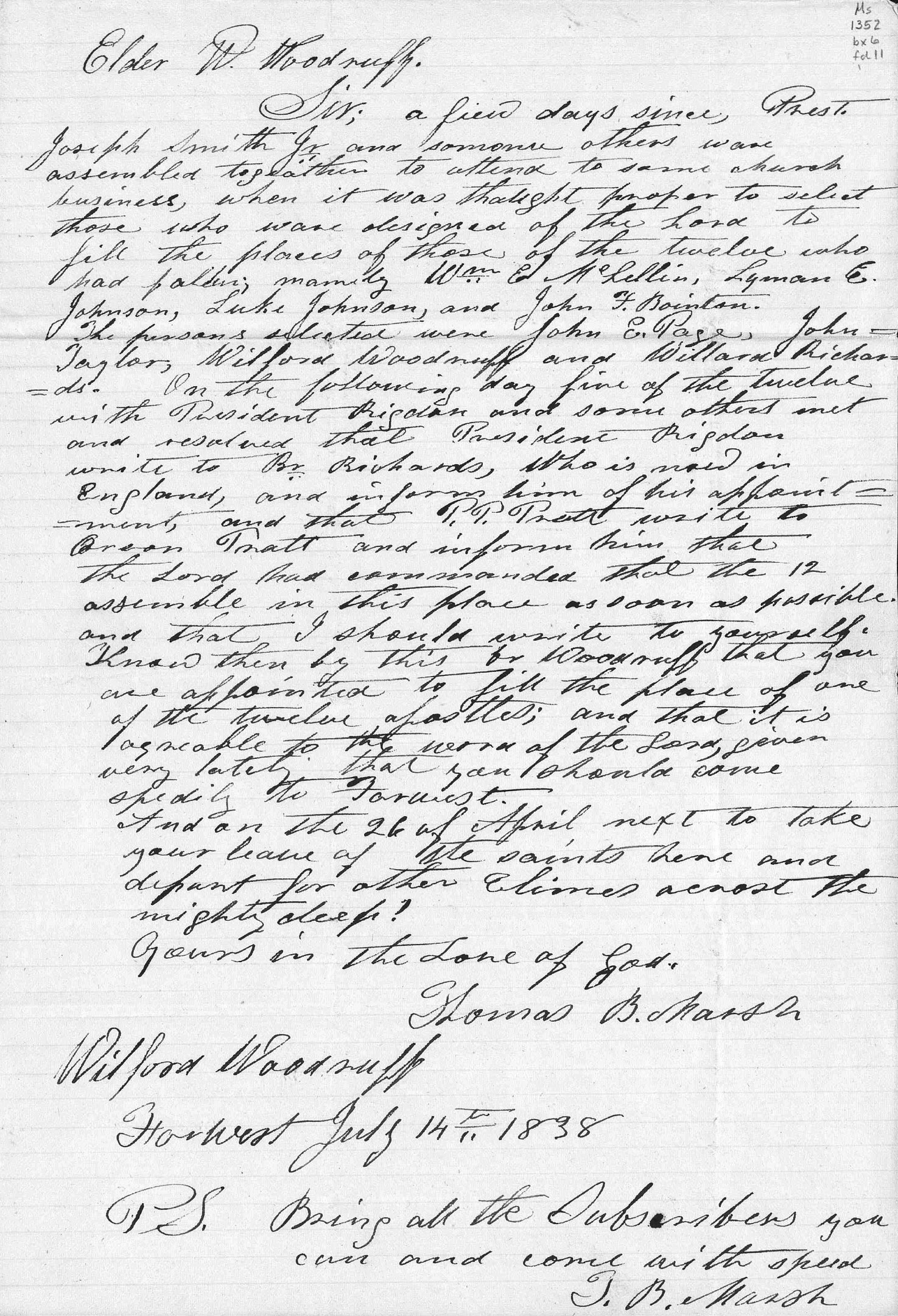 Handwritten 1838 letter from Thomas B. Marsh to Wilford Woodruff