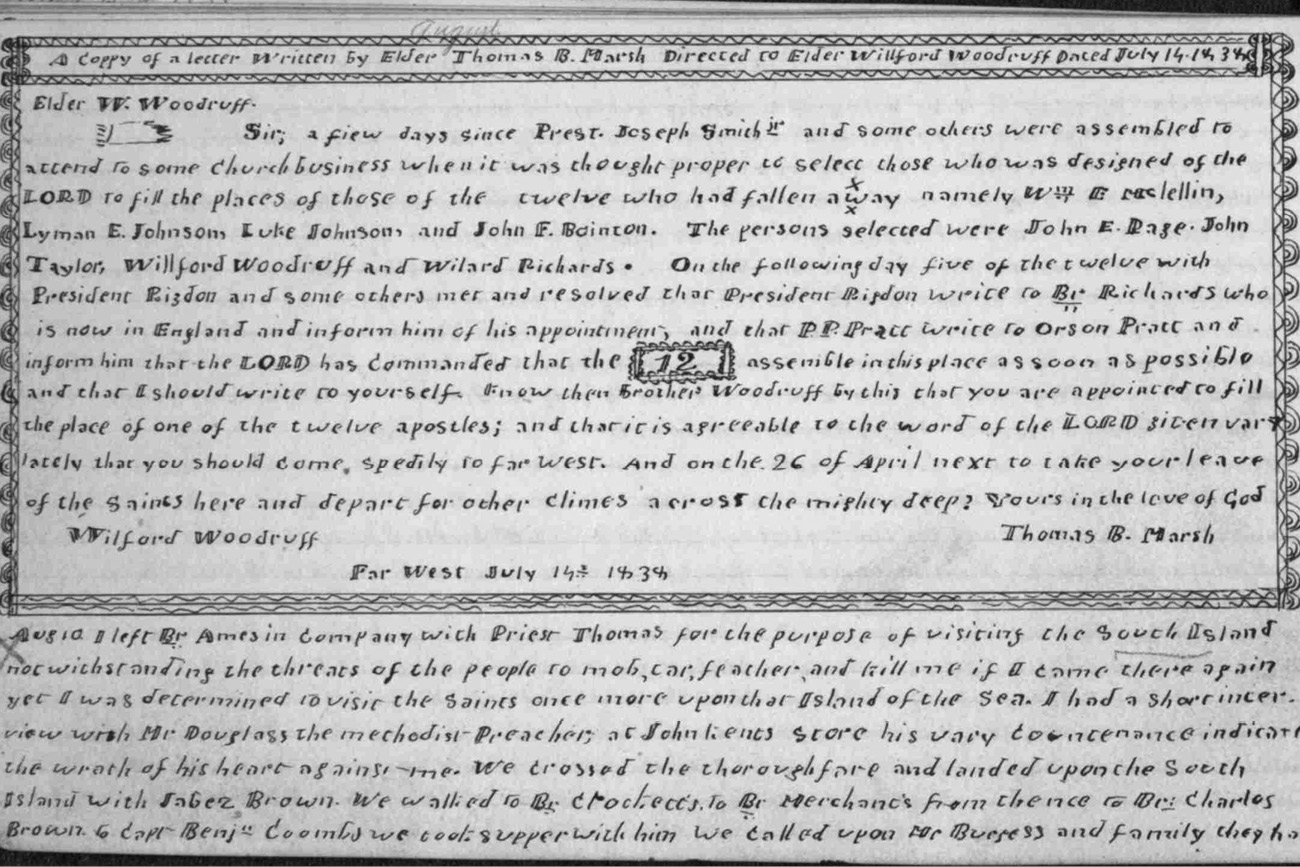 Journal transcription of Marsh’s 1838 letter in Wilford Woodruff’s hand