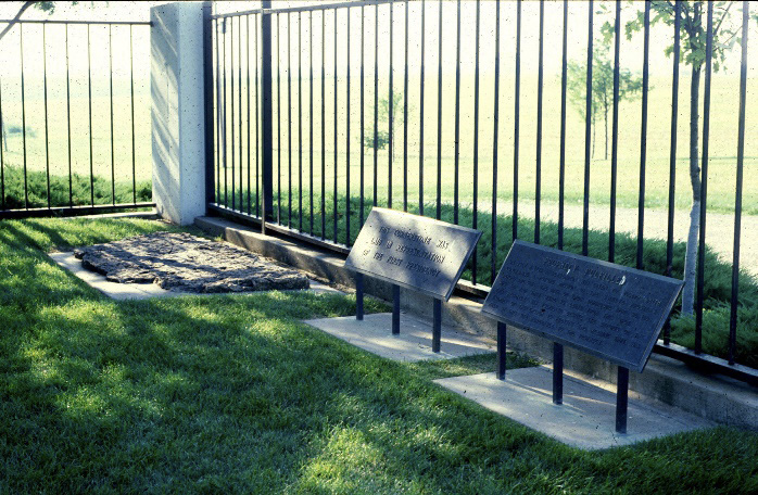 Cornerstone at Far West temple site enclosed in protective plexiglass case